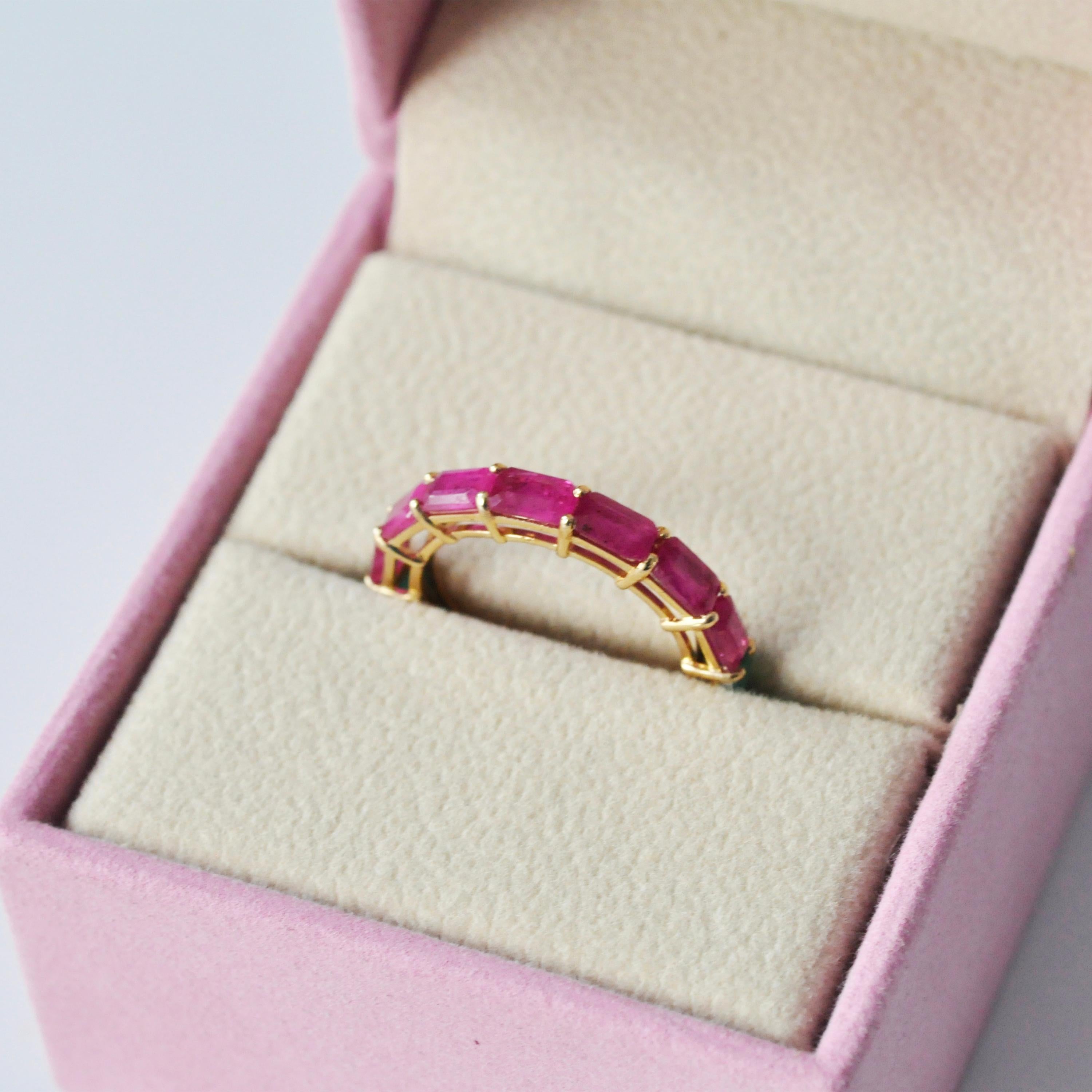 For Sale:  18K Yellow Gold Zambian Emerald Mozambique Ruby 5x3 MM Octagon Eternity Ring 10