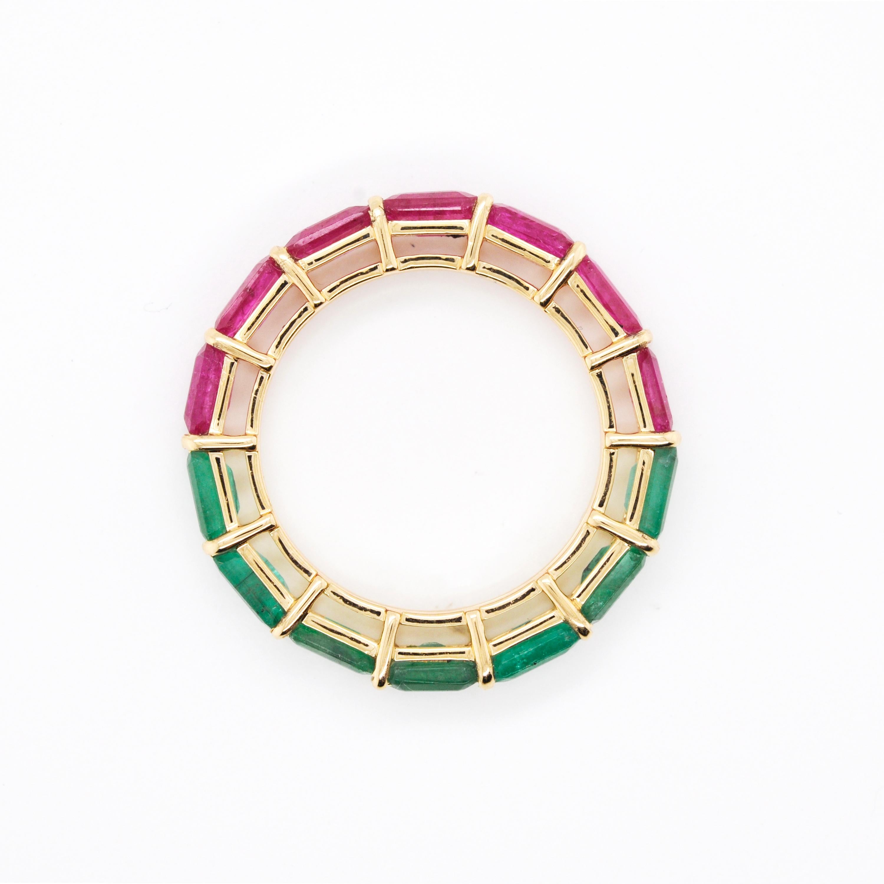 For Sale:  18K Yellow Gold Zambian Emerald Mozambique Ruby 5x3 MM Octagon Eternity Ring 11
