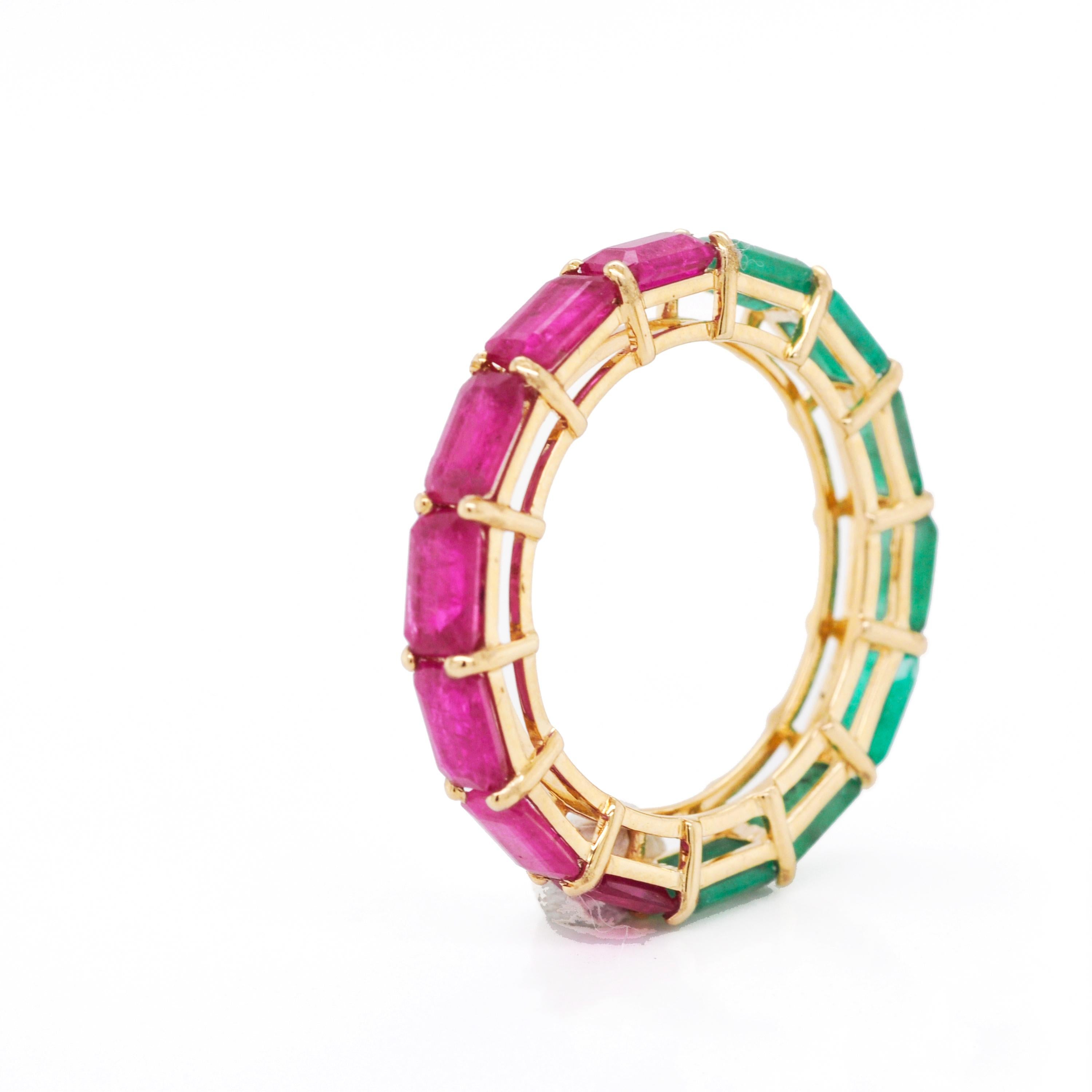 For Sale:  18K Yellow Gold Zambian Emerald Mozambique Ruby 5x3 MM Octagon Eternity Ring 12