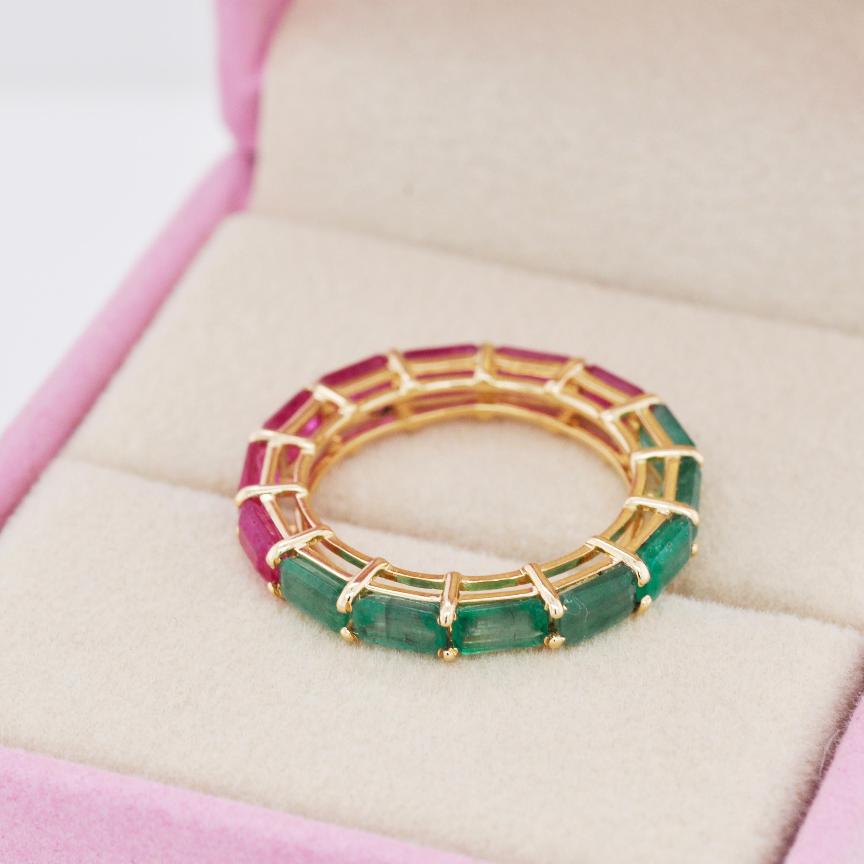 For Sale:  18K Yellow Gold Zambian Emerald Mozambique Ruby 5x3 MM Octagon Eternity Ring 5