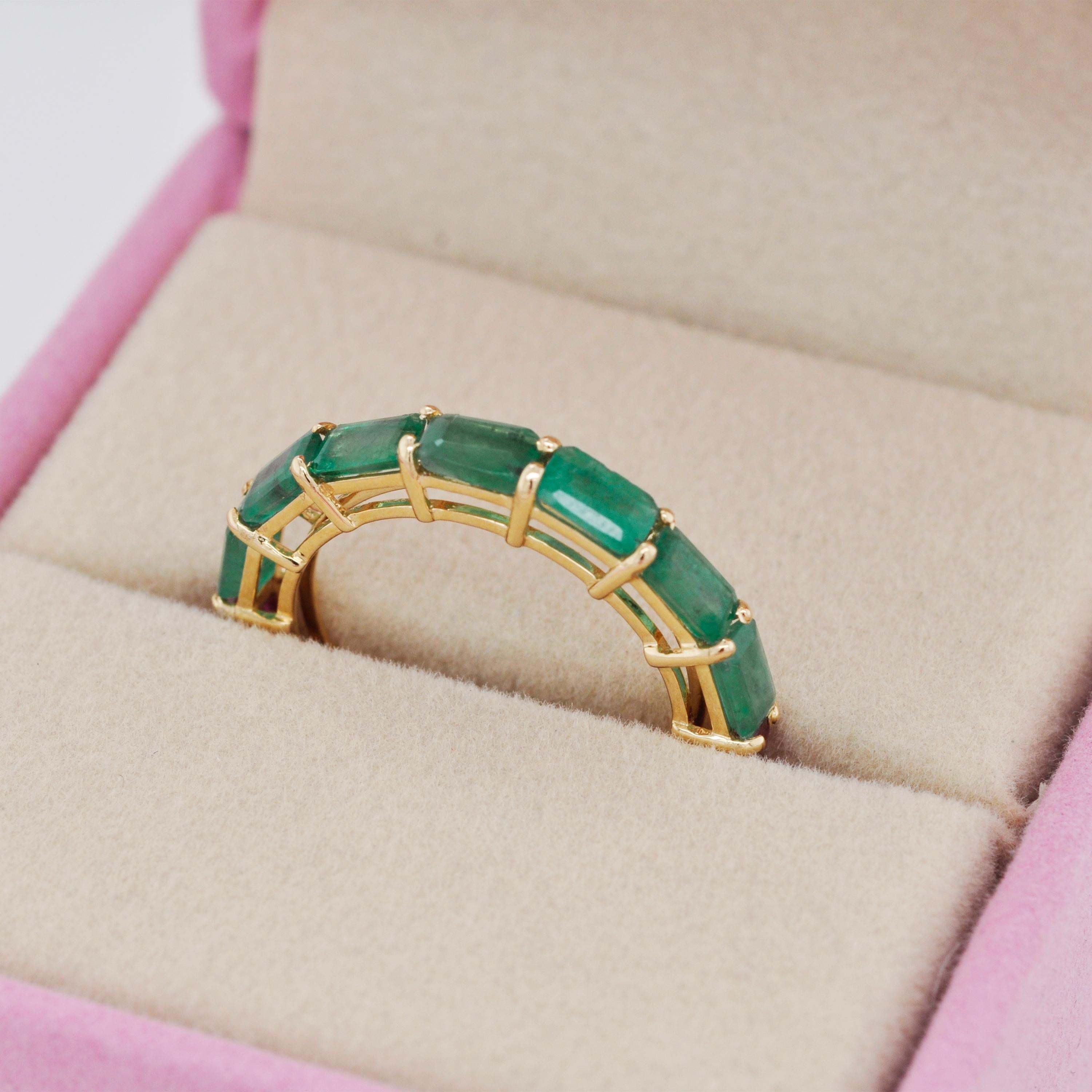 For Sale:  18K Yellow Gold Zambian Emerald Mozambique Ruby 5x3 MM Octagon Eternity Ring 6