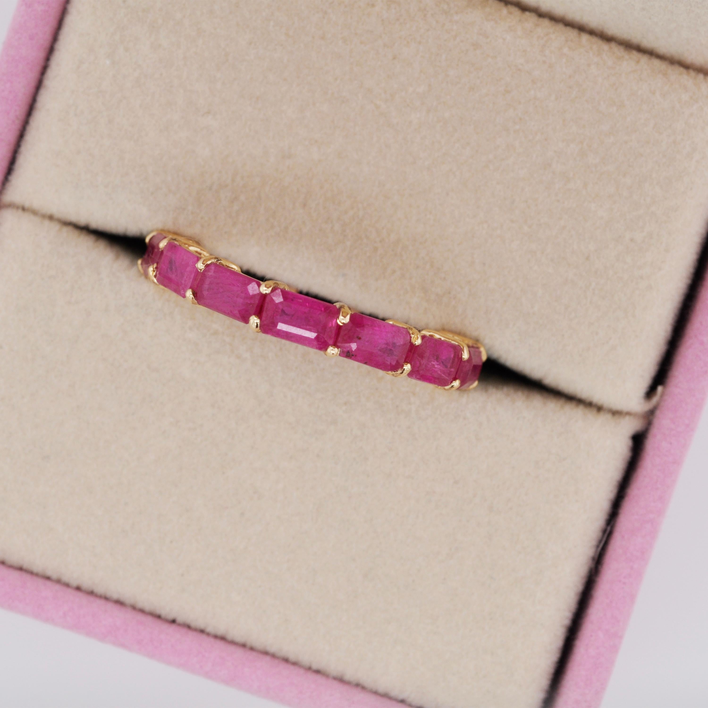 For Sale:  18K Yellow Gold Zambian Emerald Mozambique Ruby 5x3 MM Octagon Eternity Ring 8