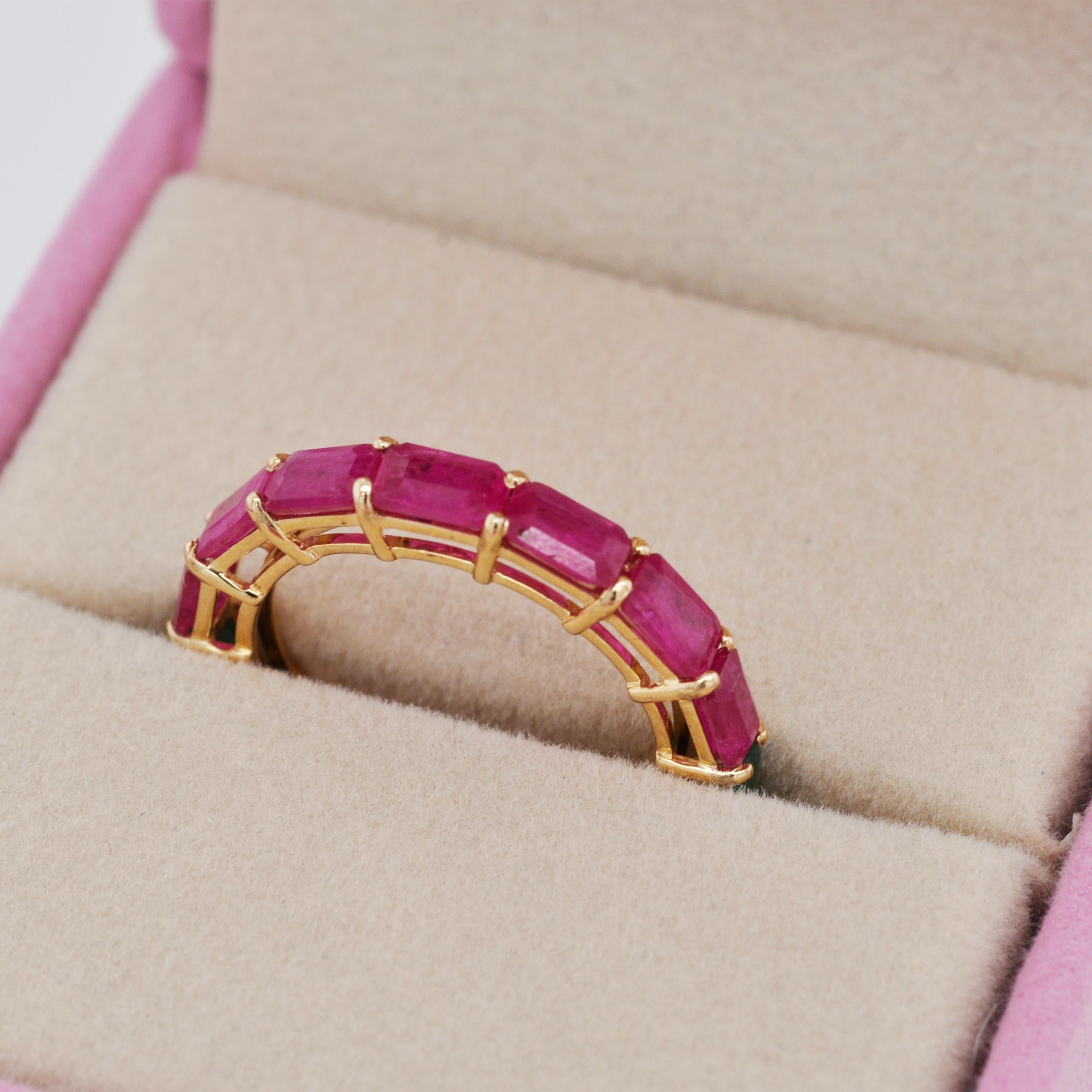 For Sale:  18K Yellow Gold Zambian Emerald Mozambique Ruby 5x3 MM Octagon Eternity Ring 9