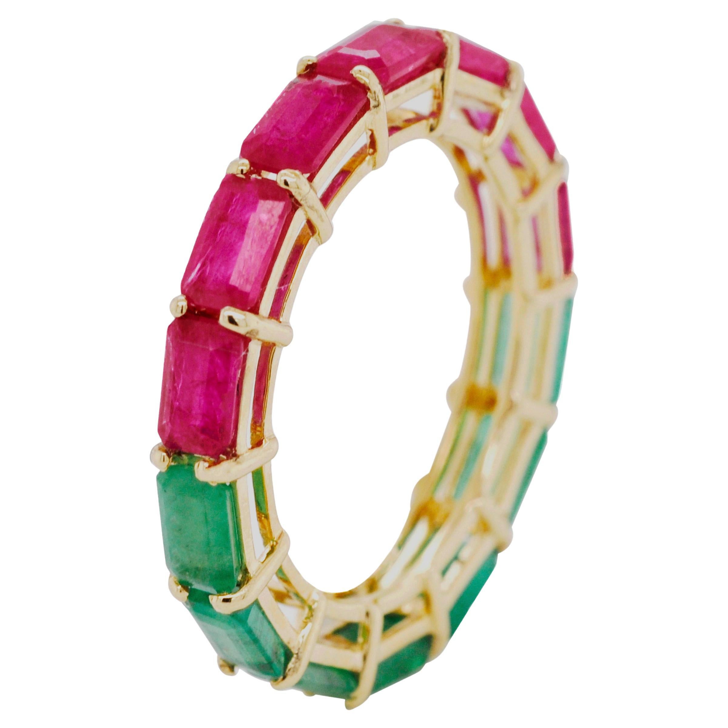 For Sale:  18K Yellow Gold Zambian Emerald Mozambique Ruby 5x3 MM Octagon Eternity Ring
