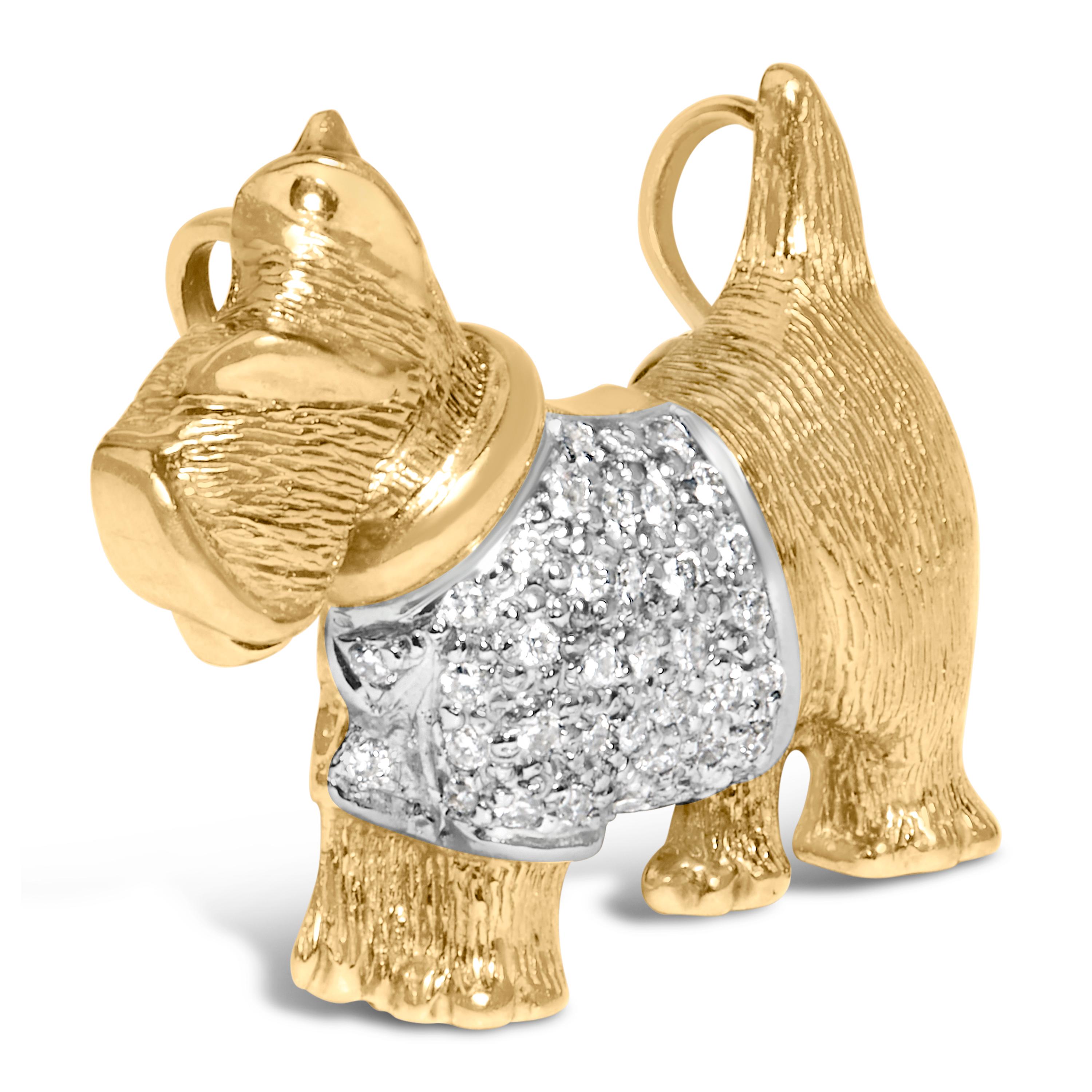 Lassen Sie sich von der Laune und der Handwerkskunst einer exquisiten Scottish Terrier-Brosche aus 18 Karat Gelbgold verzaubern, die auch als Anhänger getragen werden kann und so einen vielseitigen Stil bietet. Dieses Stück, das mit einem dritten