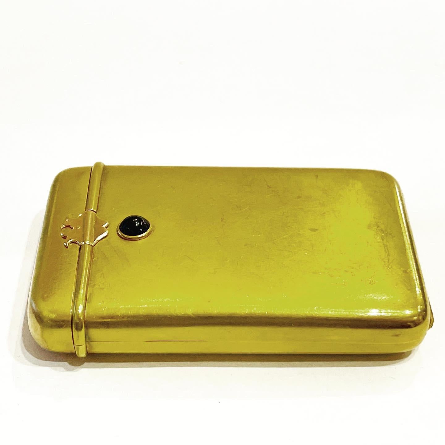 Impressive, in original condition, with original toning, 18k yellow gold cigarette case. 
Attractive textured gold design with a deep blue cabochon sapphire button clasp. 
Weight: almost 100 grams 18k gold (98.62gr).
Measuring 9 cm long by 5.5 cm