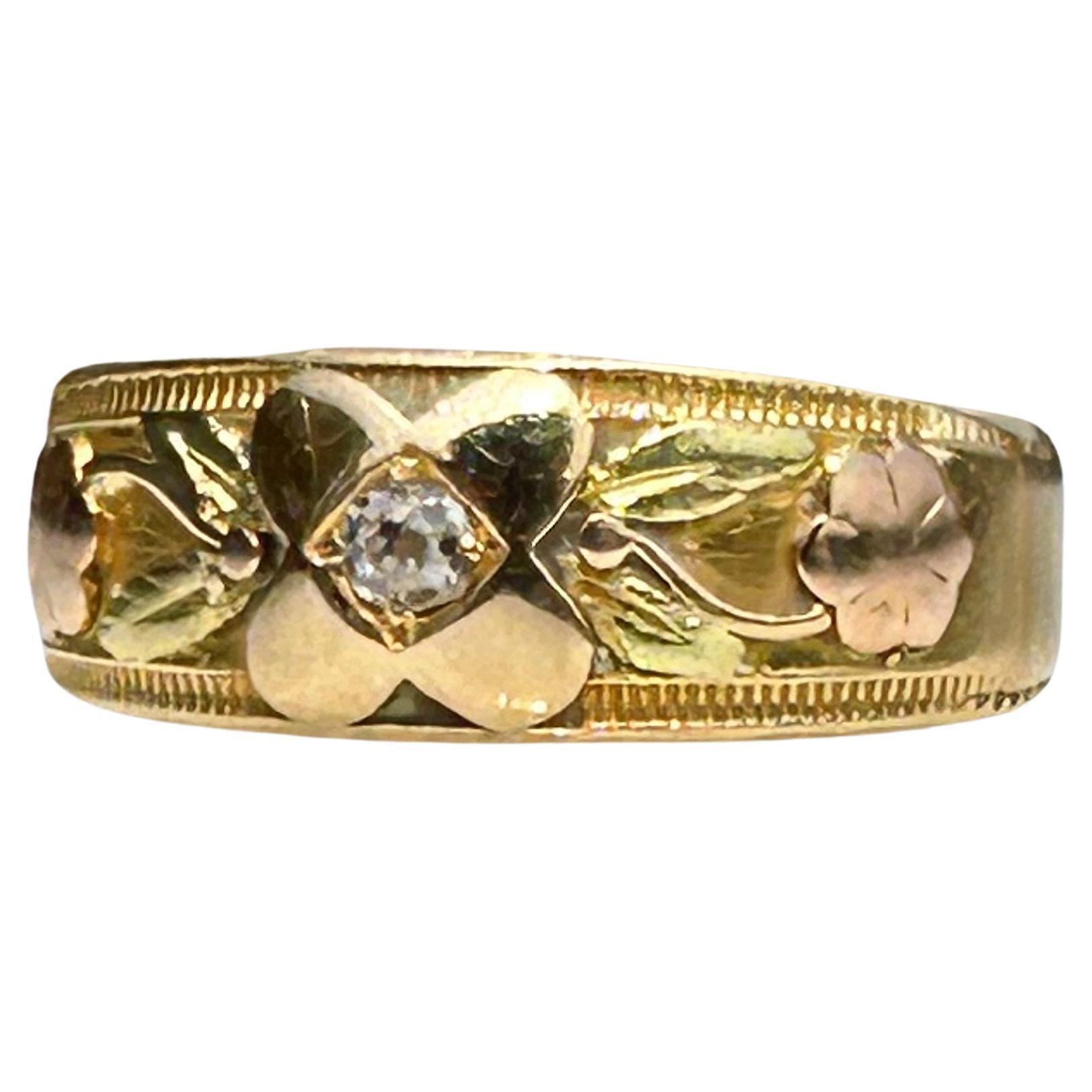 18k Yellow, Green and Rose Gold Floral and Rose Cut Diamond Band