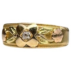 Antique 18k Yellow, Green and Rose Gold Floral and Rose Cut Diamond Band