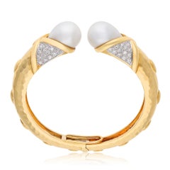18K Yellow Hammered Gold, Diamond and Pearl Hinged Bracelet