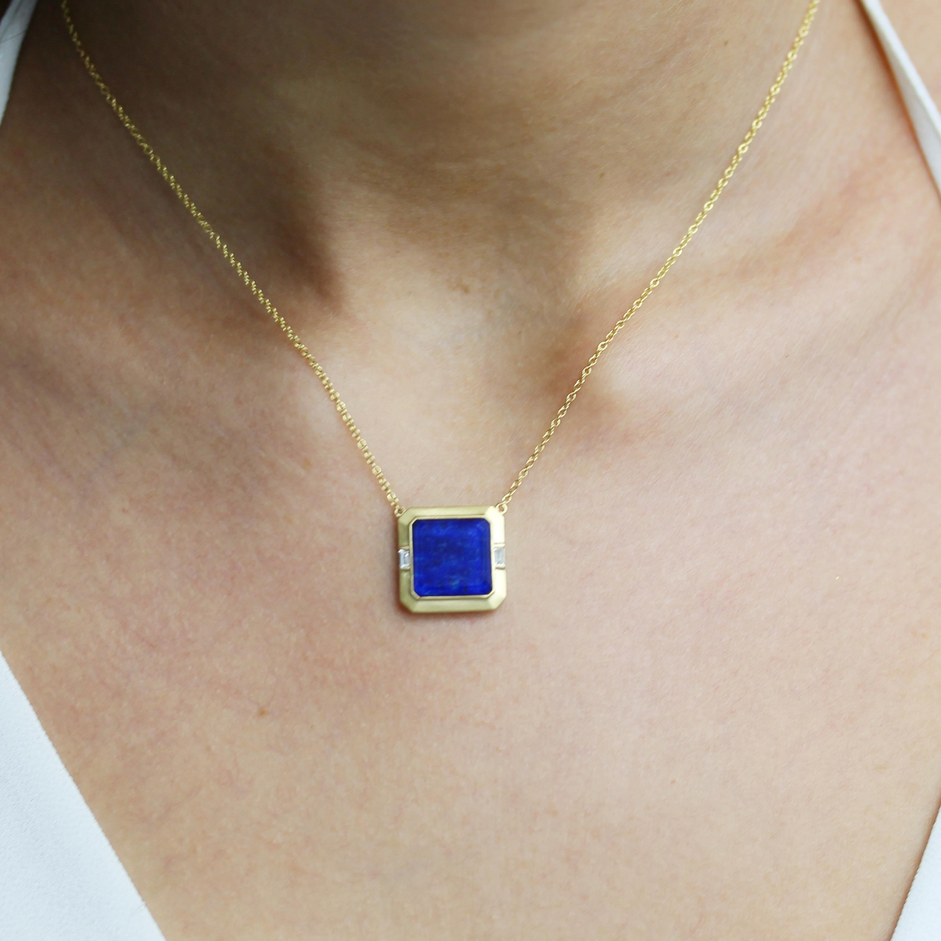 Royal Lapis Necklace featuring square, table-cut, White Quartz layered with Natural Lapis Lazuli, accented by a Baguette Diamonds, set in 18K matte/satin finish yellow gold. 18K 18