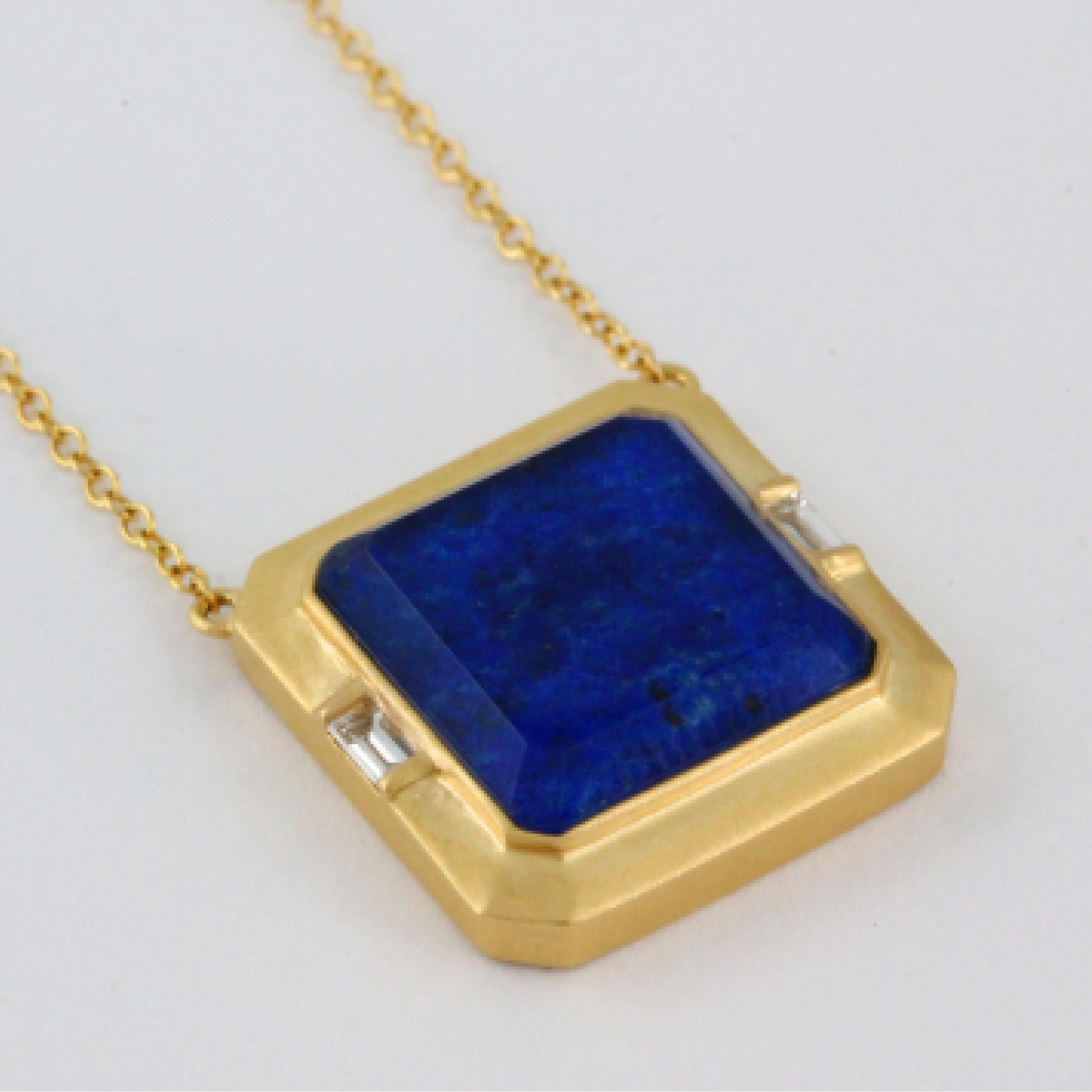 Artisan 18K Yellow Matte Gold Necklace w/ Lapis Lazuli, White Quartz & Baguette Diamonds For Sale
