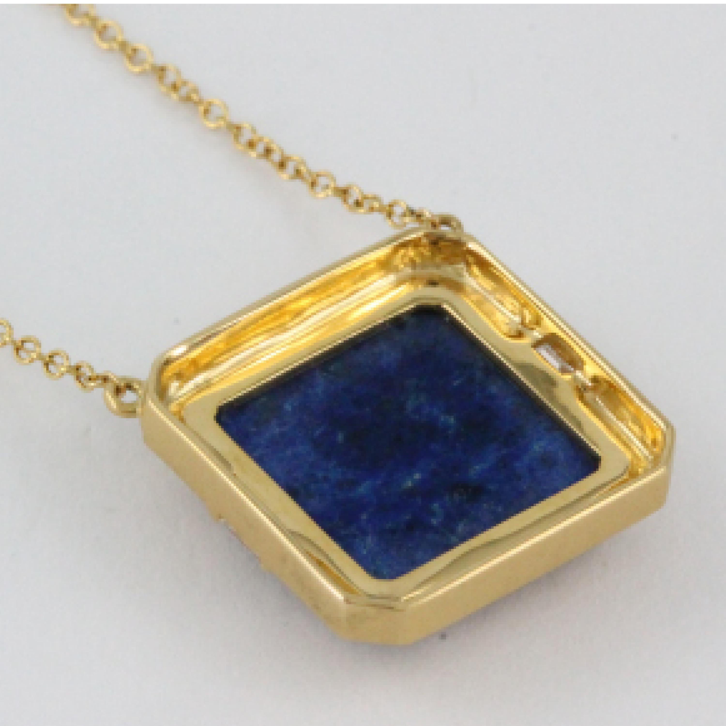 Square Cut 18K Yellow Matte Gold Necklace w/ Lapis Lazuli, White Quartz & Baguette Diamonds For Sale