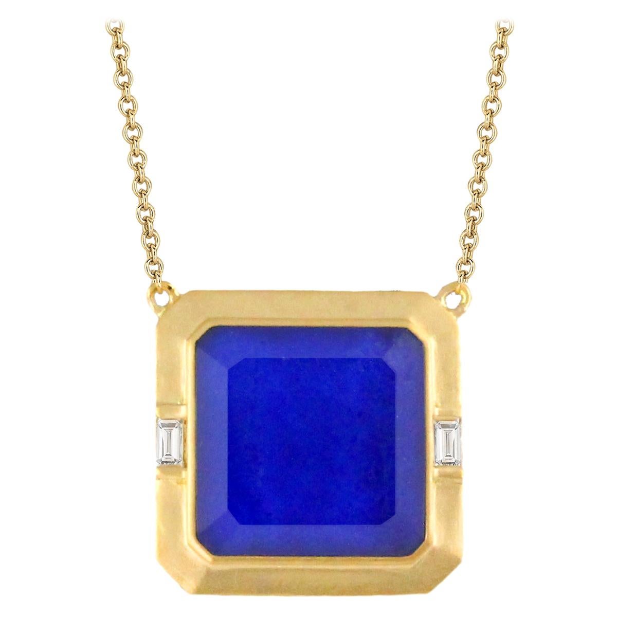 18K Yellow Matte Gold Necklace w/ Lapis Lazuli, White Quartz & Baguette Diamonds For Sale