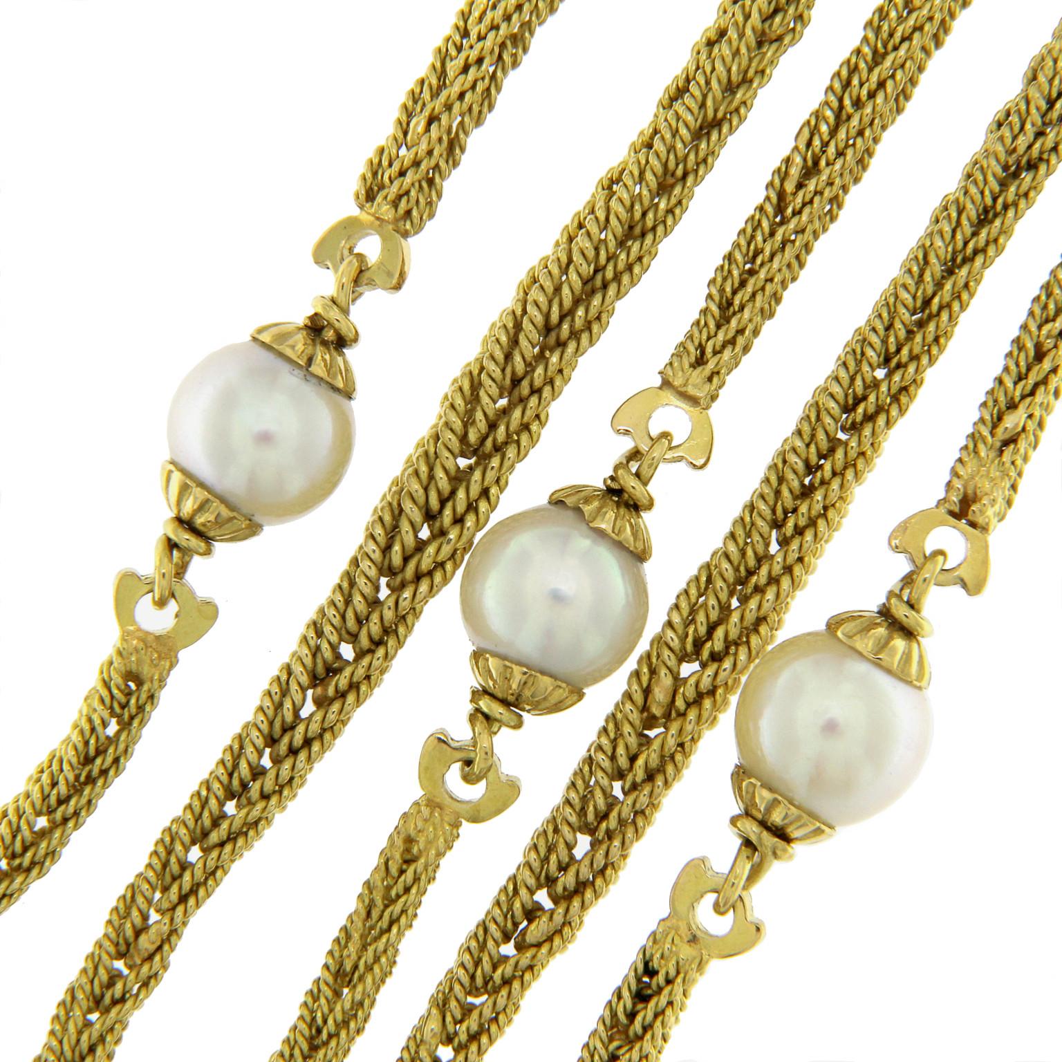 18 Karat Gelbes Multichain-Armband mit Perlen und Lapis Lazuli (Kugelschliff) im Angebot