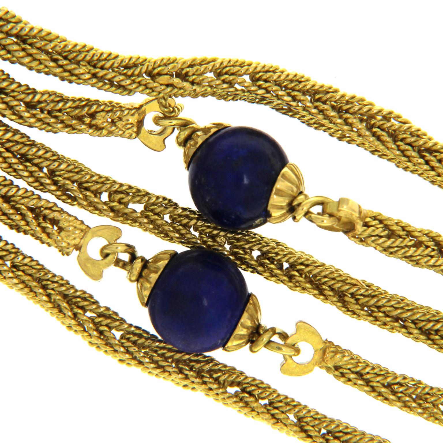 Ball Cut 18 Karat Yellow Multichain Bracelet with Pearls and Lapis For Sale