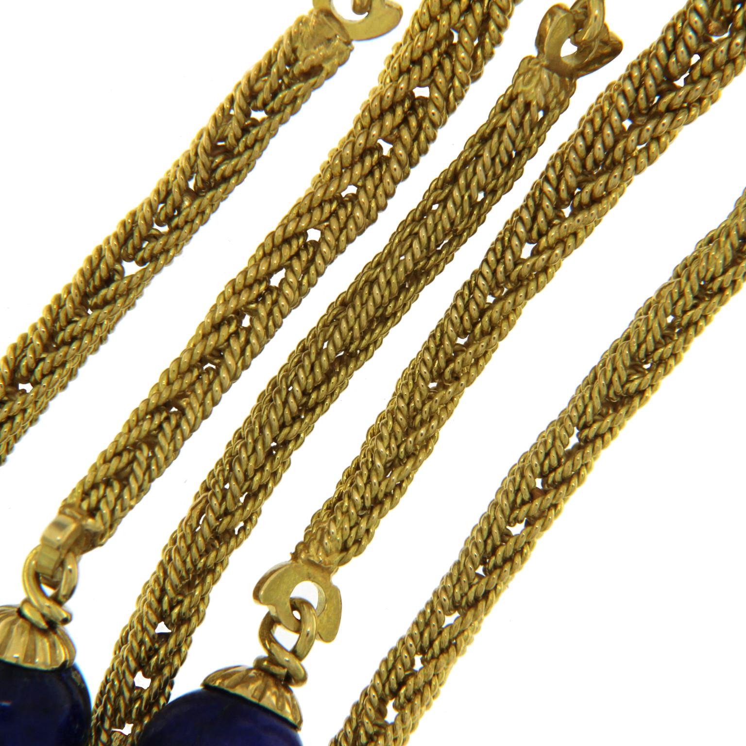18 Karat Gelbes Multichain-Armband mit Perlen und Lapis Lazuli Damen im Angebot
