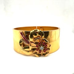 18K Yellow & Rose Gold .20CT Diamond and Ruby Flower Cuff Bangle Bracelet