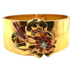 18K Yellow & Rose Gold .20CT Diamond and Ruby Flower Cuff Bangle Bracelet
