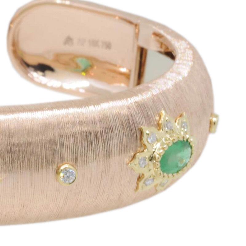 Round Cut 18K Yellow & Rose Gold Art Deco Emerald Diamond Bracelet in Florentine Finish