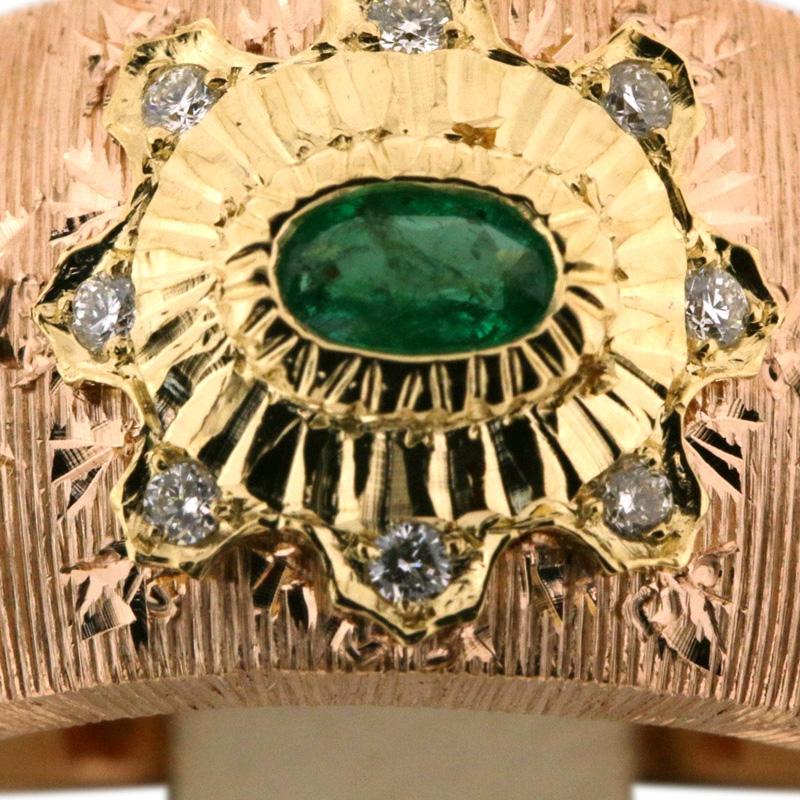 18K Yellow & Rose Gold Classic Oval Emerald Diamond Ring in Florentine Finish 2