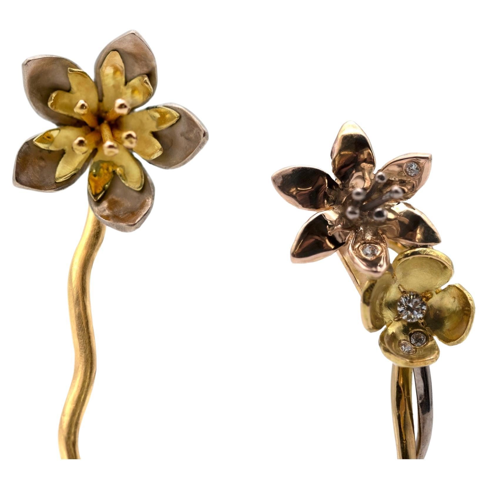 18K Yellow, Rose & Palladium White Fairmined Gold, Handmade, Flower Earrings For Sale