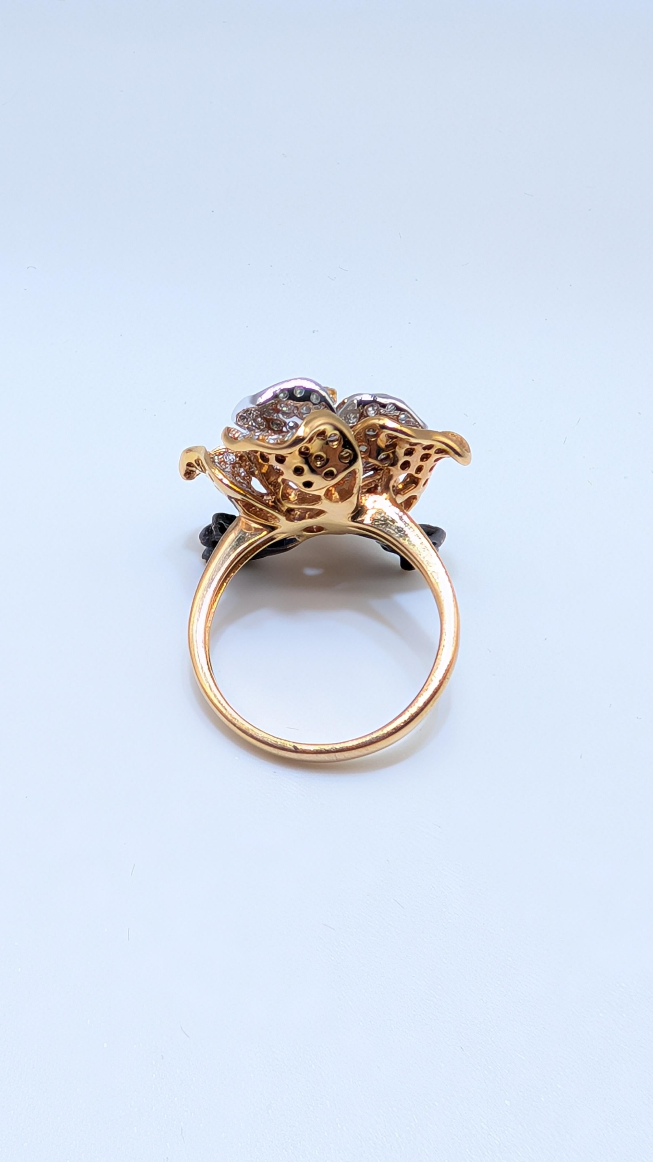 Women's 18K Yellow, Rose, White Gold Flower Ring with Diamonds and Emeralds For Sale