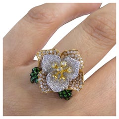 18K Yellow, Rose, White Gold Flower Ring with Diamonds and Emeralds