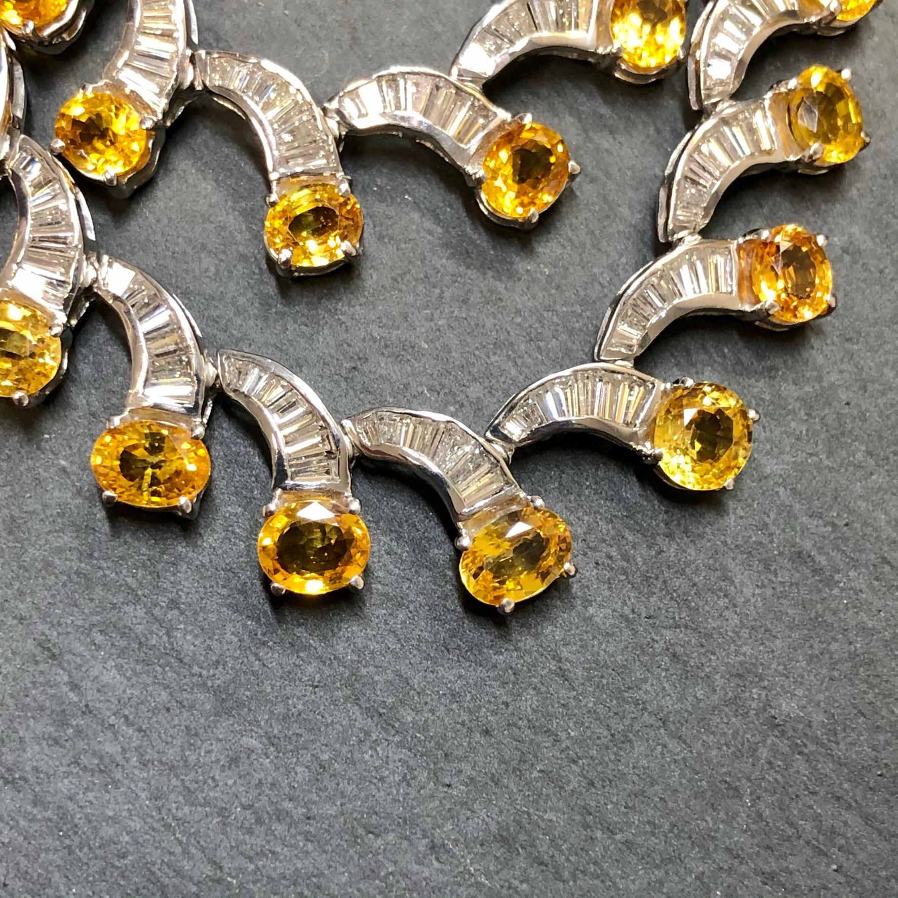 Baguette Cut 18K Yellow Sapphire & Baguette Diamond Scalloped Necklace For Sale