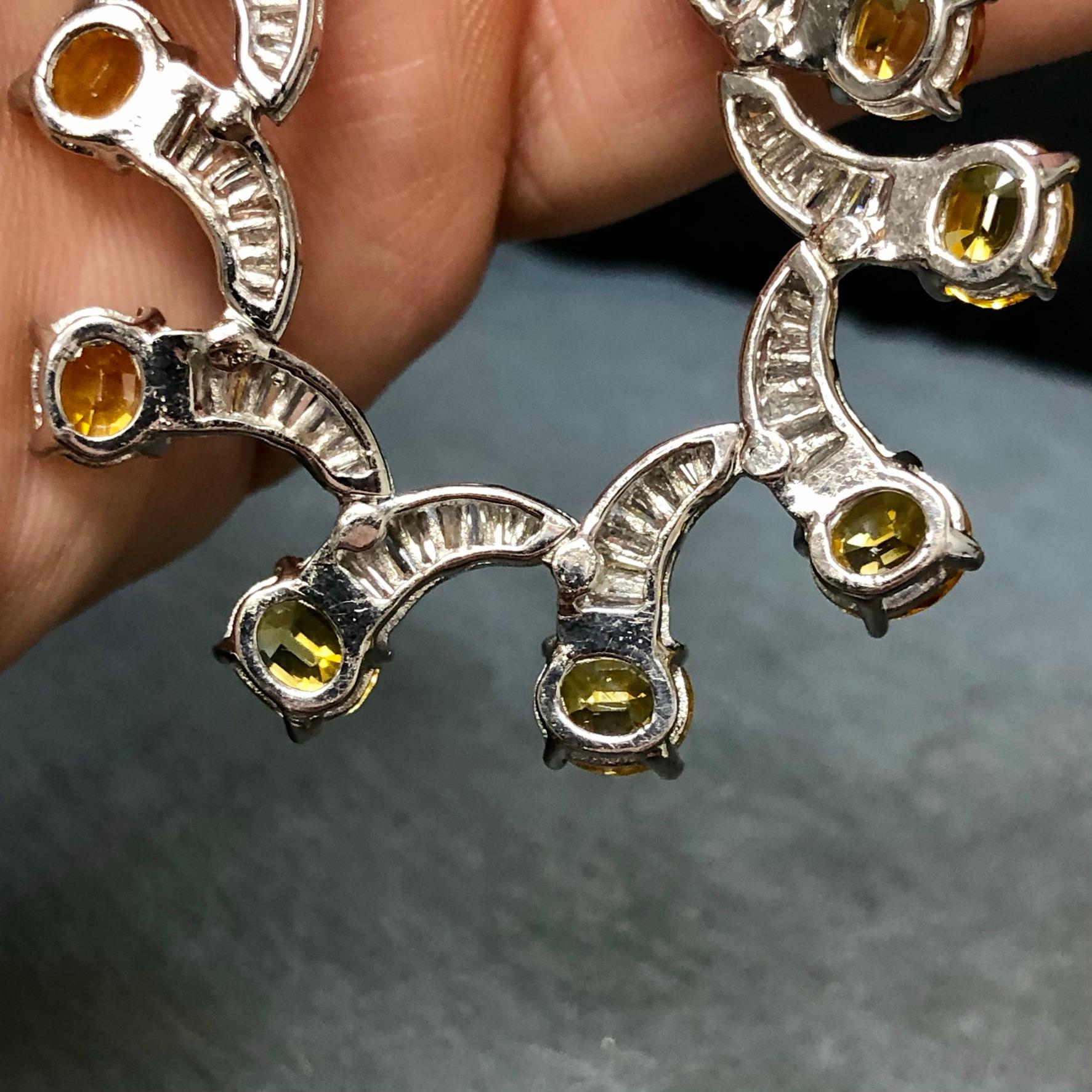 Women's or Men's 18K Yellow Sapphire & Baguette Diamond Scalloped Necklace For Sale