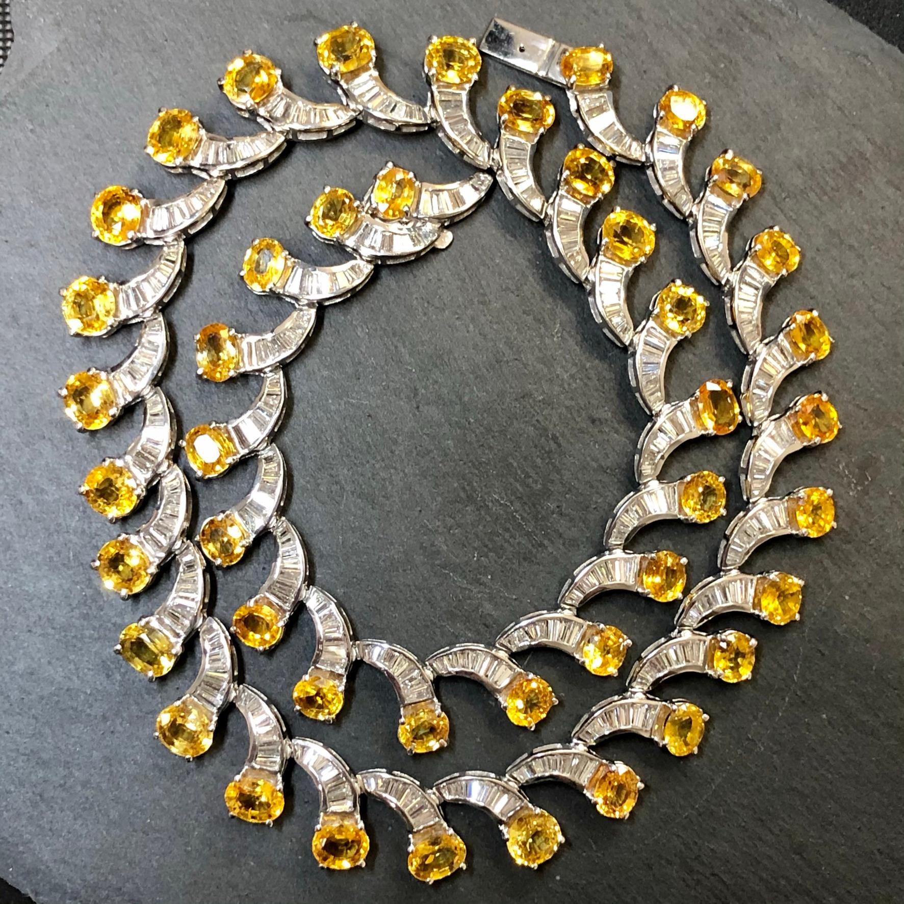 18K Yellow Sapphire & Baguette Diamond Scalloped Necklace For Sale 2