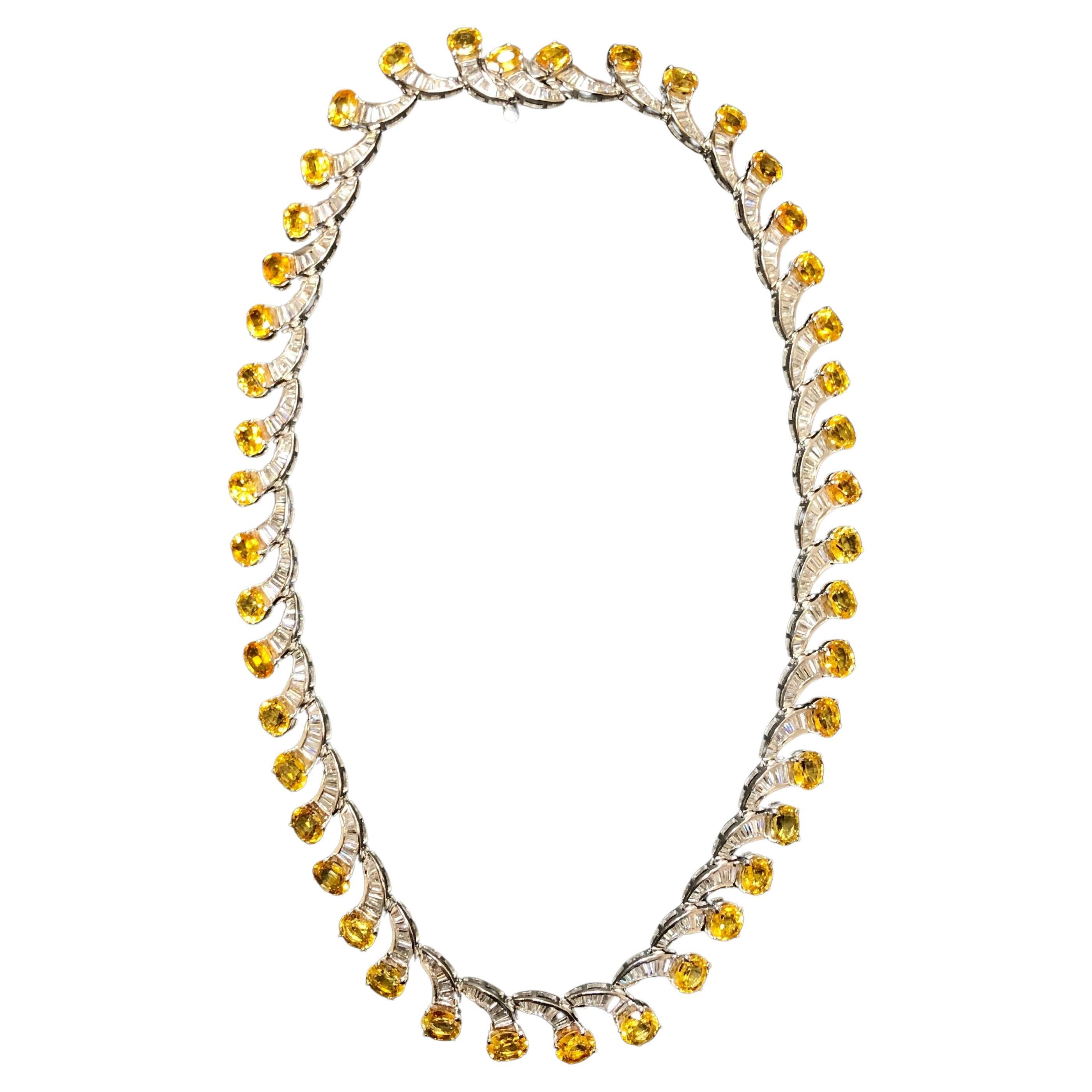 18K Yellow Sapphire & Baguette Diamond Scalloped Necklace For Sale