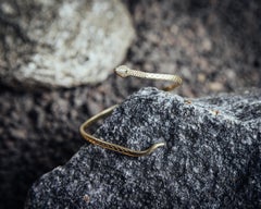 18k Yellow Snake Cuff with Hand Cut Tapered Baguette Head and Pave Diamonds
