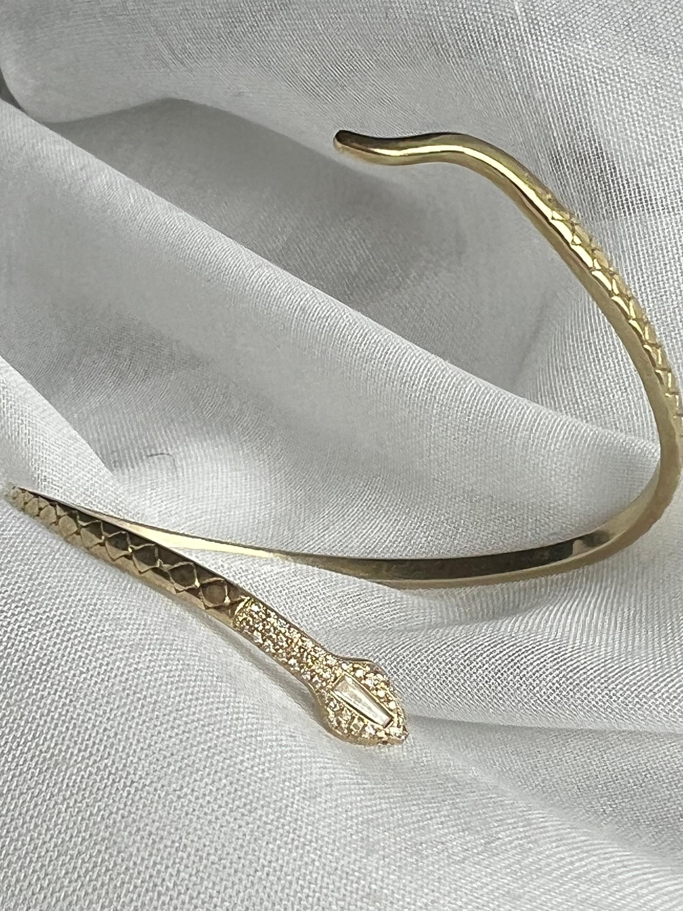 Women's or Men's 18k Yellow Snake Cuff with Hand Cut Tapered Baguette Head and Pave Diamonds  For Sale