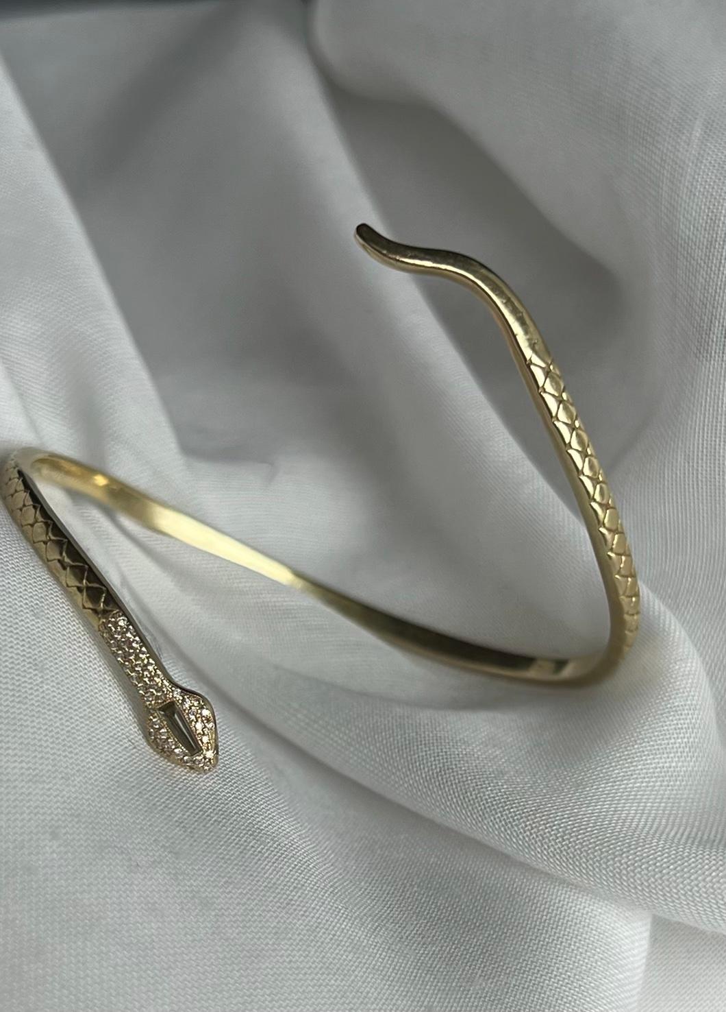18k Yellow Snake Cuff with Hand Cut Tapered Baguette Head and Pave Diamonds  For Sale 1
