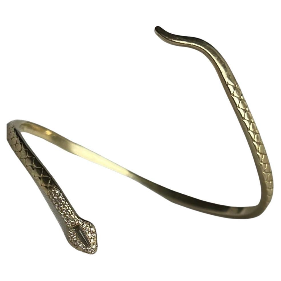 18k Yellow Snake Cuff with Hand Cut Tapered Baguette Head and Pave Diamonds 