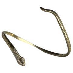 18k Yellow Snake Cuff with Hand Cut Tapered Baguette Head and Pave Diamonds