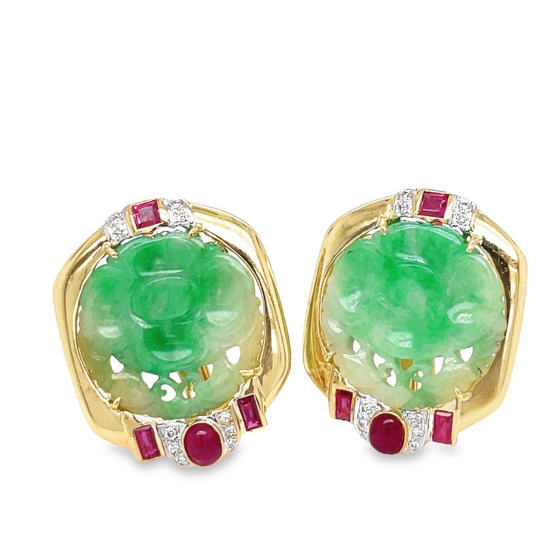 Round Cut 18k Yellow Vintage Carved Jade, Ruby & Diamond Omega Back Earrings For Sale