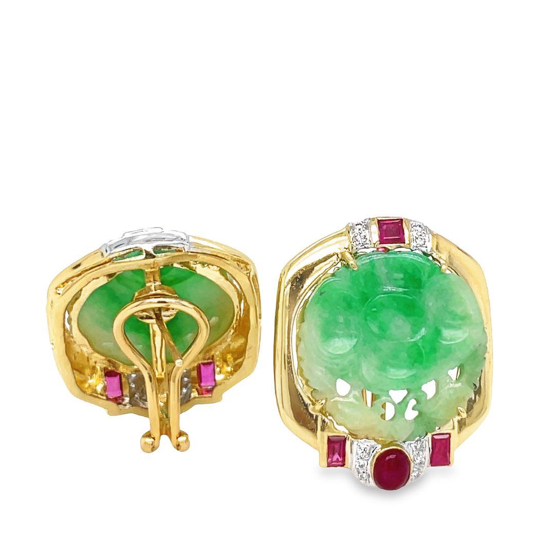 18k Yellow Vintage Carved Jade, Ruby & Diamond Omega Back Earrings In Excellent Condition For Sale In beverly hills, CA