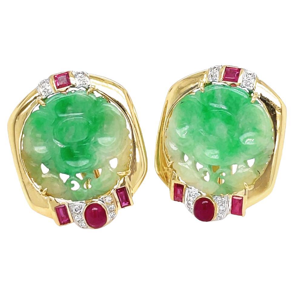 18k Yellow Vintage Carved Jade, Ruby & Diamond Omega Back Earrings For Sale