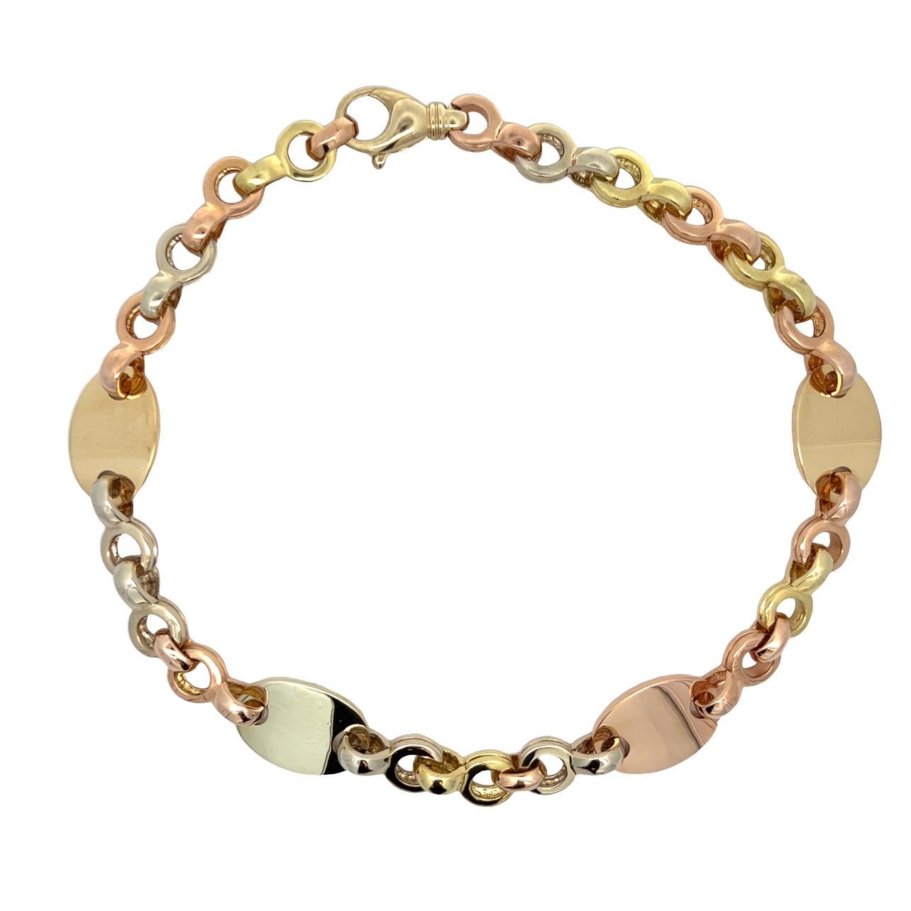 Introducing our exquisite Multicolor Gold Necklace, a true masterpiece of elegance and craftsmanship. This luxurious necklace features four distinct oval ID parts, each meticulously crafted from 18k yellow, white, and rose gold. The harmonious blend