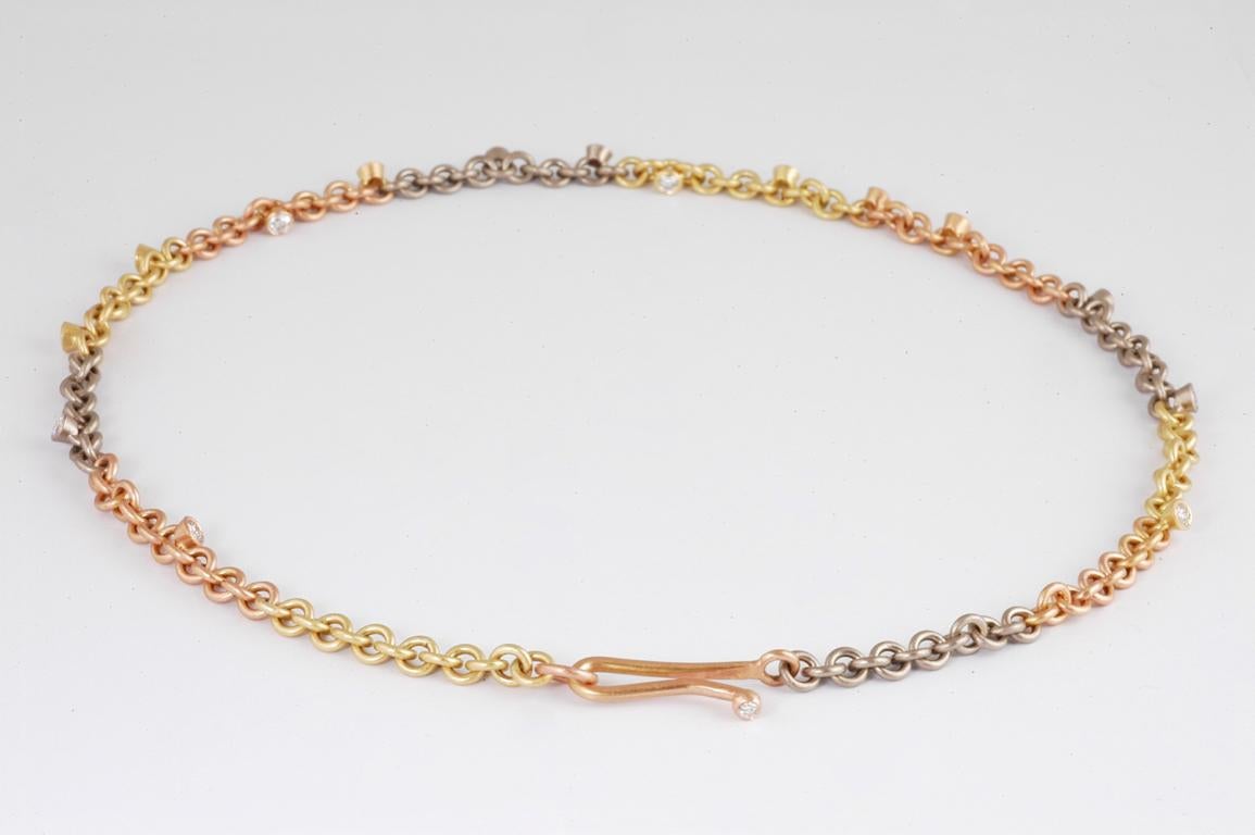 Contemporary 18 Karat Yellow White and Rose Gold Brilliant Cut Diamond Link Necklace  For Sale