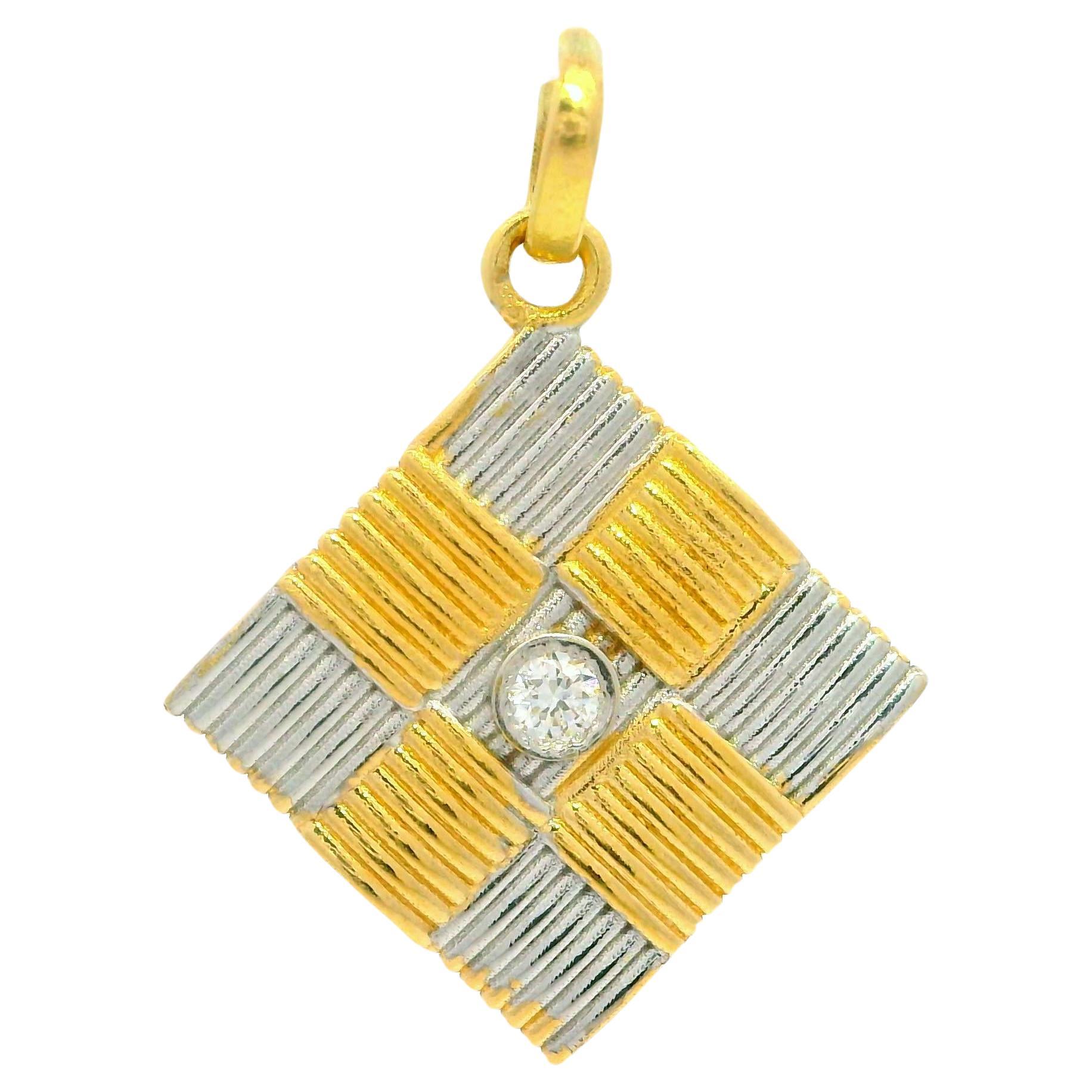 18k Yellow & White Gold 0.06ctw Diamond Square Basket Weave Charm Pendant