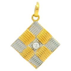 18k Yellow & White Gold 0.06ctw Diamond Square Basket Weave Charm Pendant
