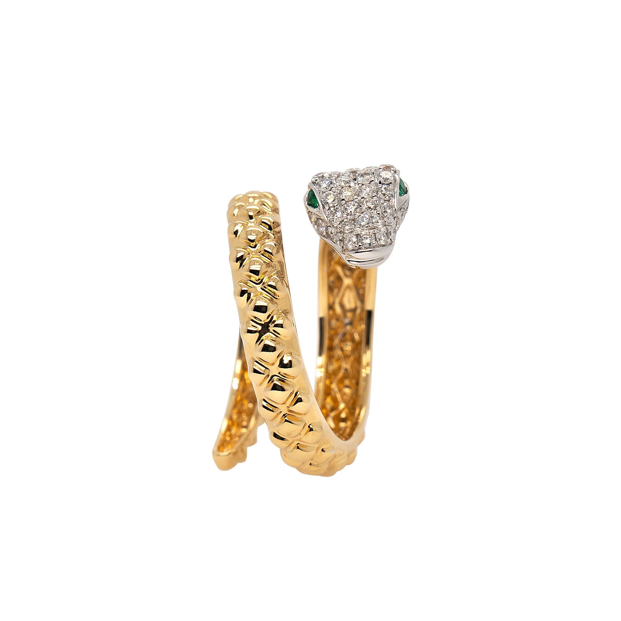 Women's 18k Yellow & White Gold 0.48ct Round Brilliant Diamond 0.04ct Emerald Snake Ring For Sale