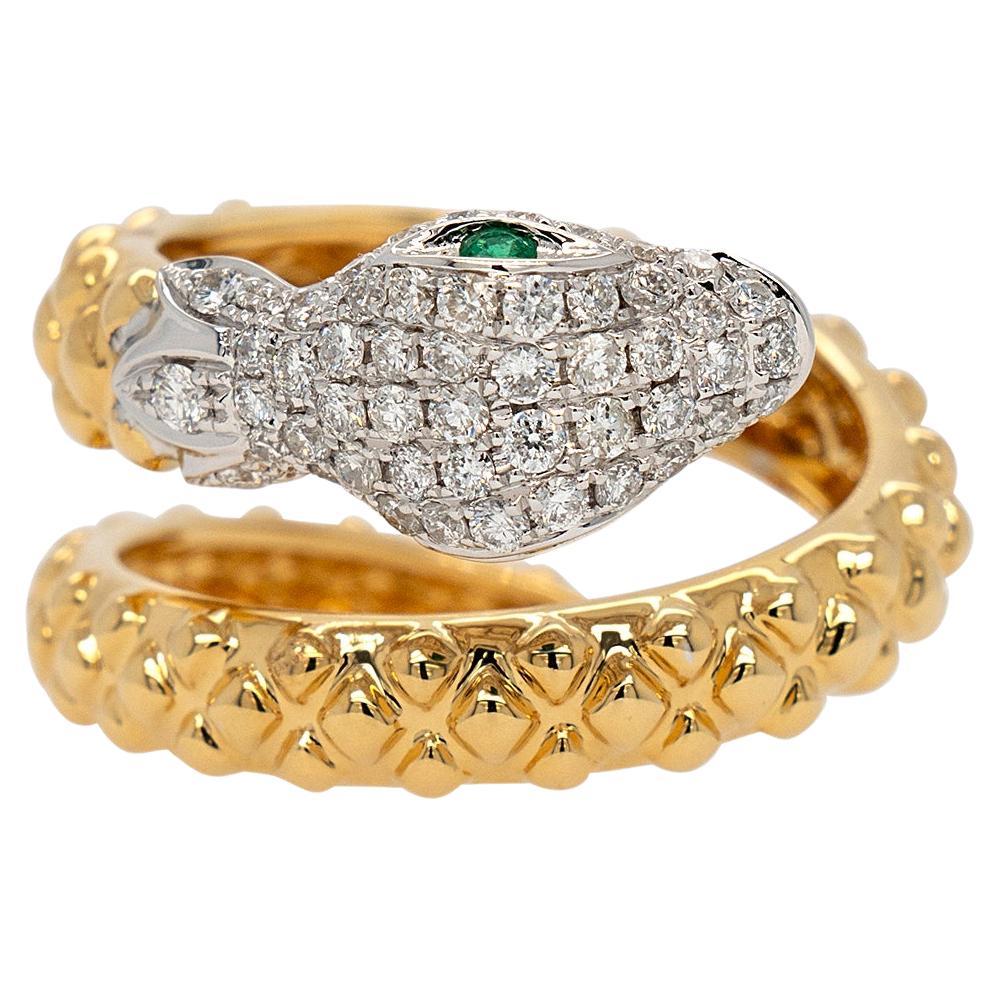 18k Yellow & White Gold 0.48ct Round Brilliant Diamond 0.04ct Emerald Snake Ring For Sale