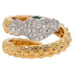 18k Yellow & White Gold 0.48ct Round Brilliant Diamond 0.04ct Emerald Snake Ring