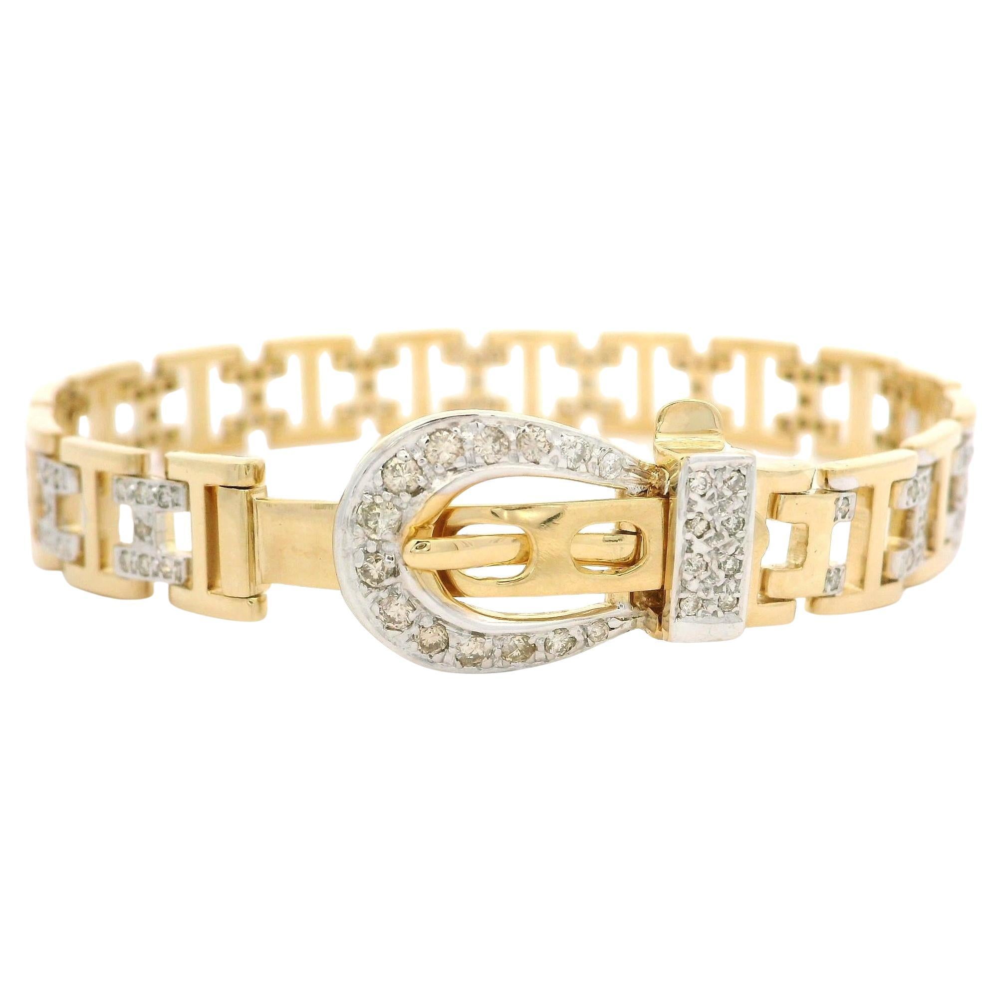 18k Yellow & White Gold 0.80ctw Diamond H Link Polished Buckle Belt Bracelet