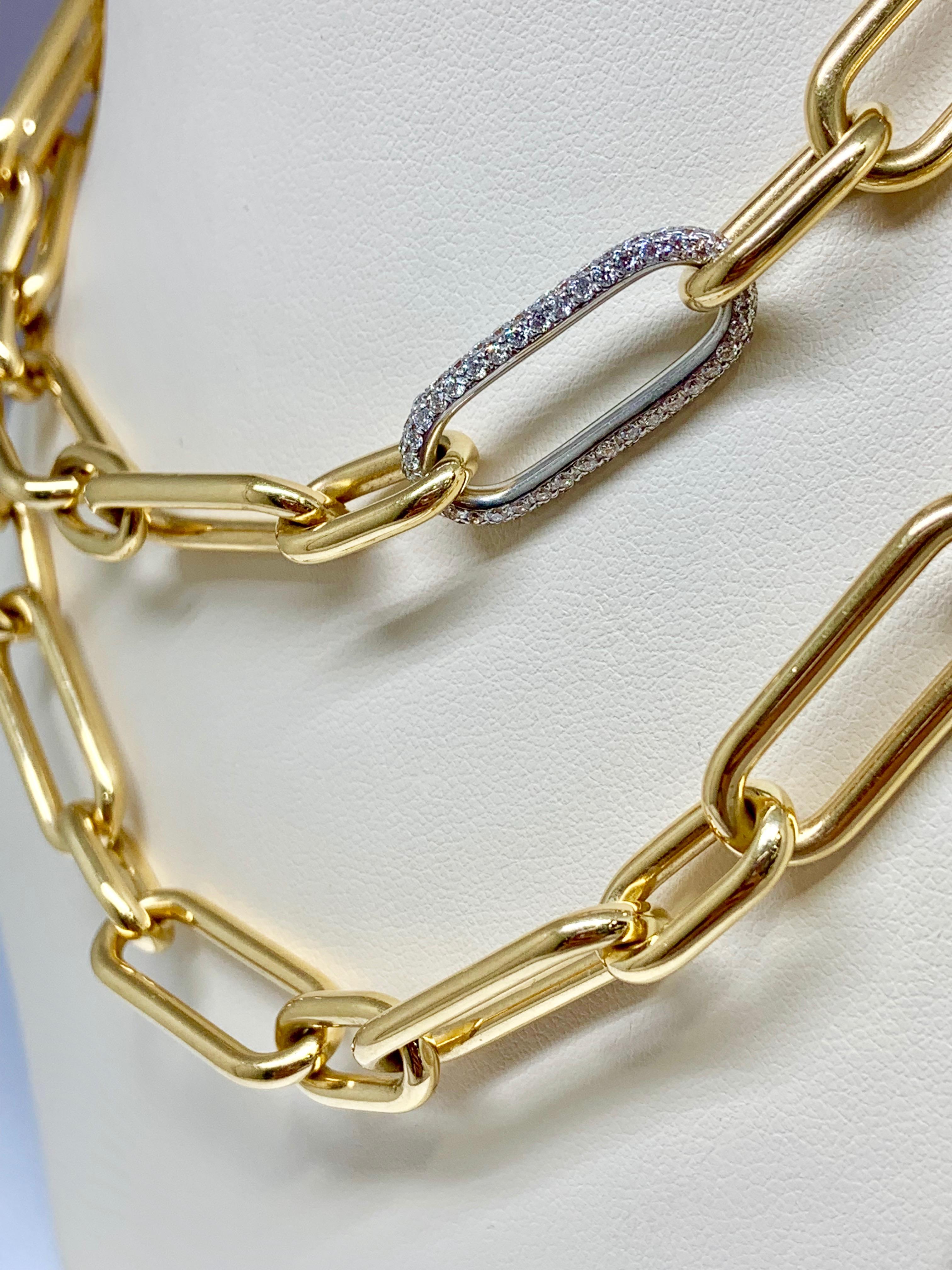 Round Cut 18 Karat Yellow and White Gold 1.10 Carat Diamond Link Style Necklace