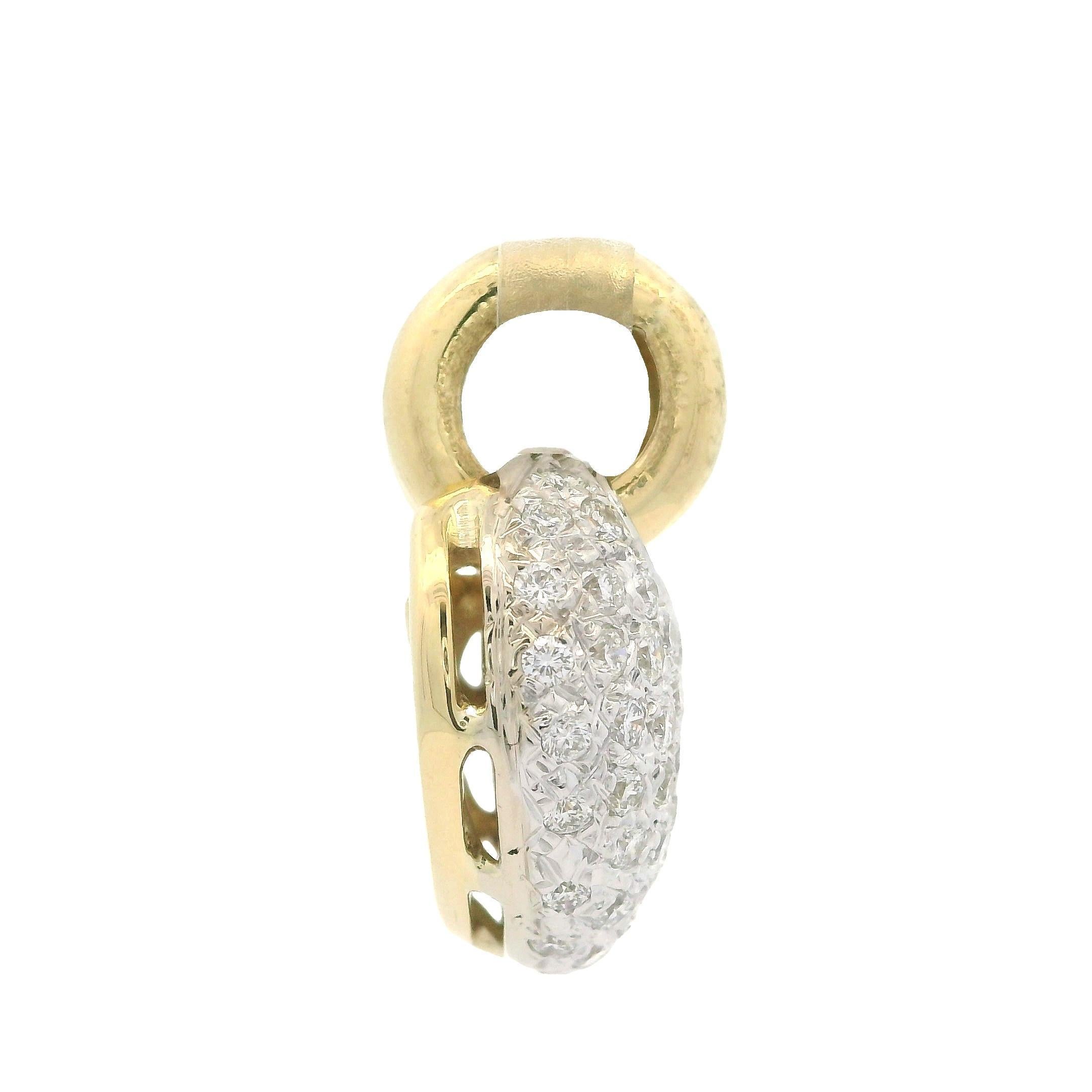 Taille brillant Pendentif Slide en or jaune et blanc 18k 1.20ct Pave Diamond Puffed Dual Bail Heart en vente