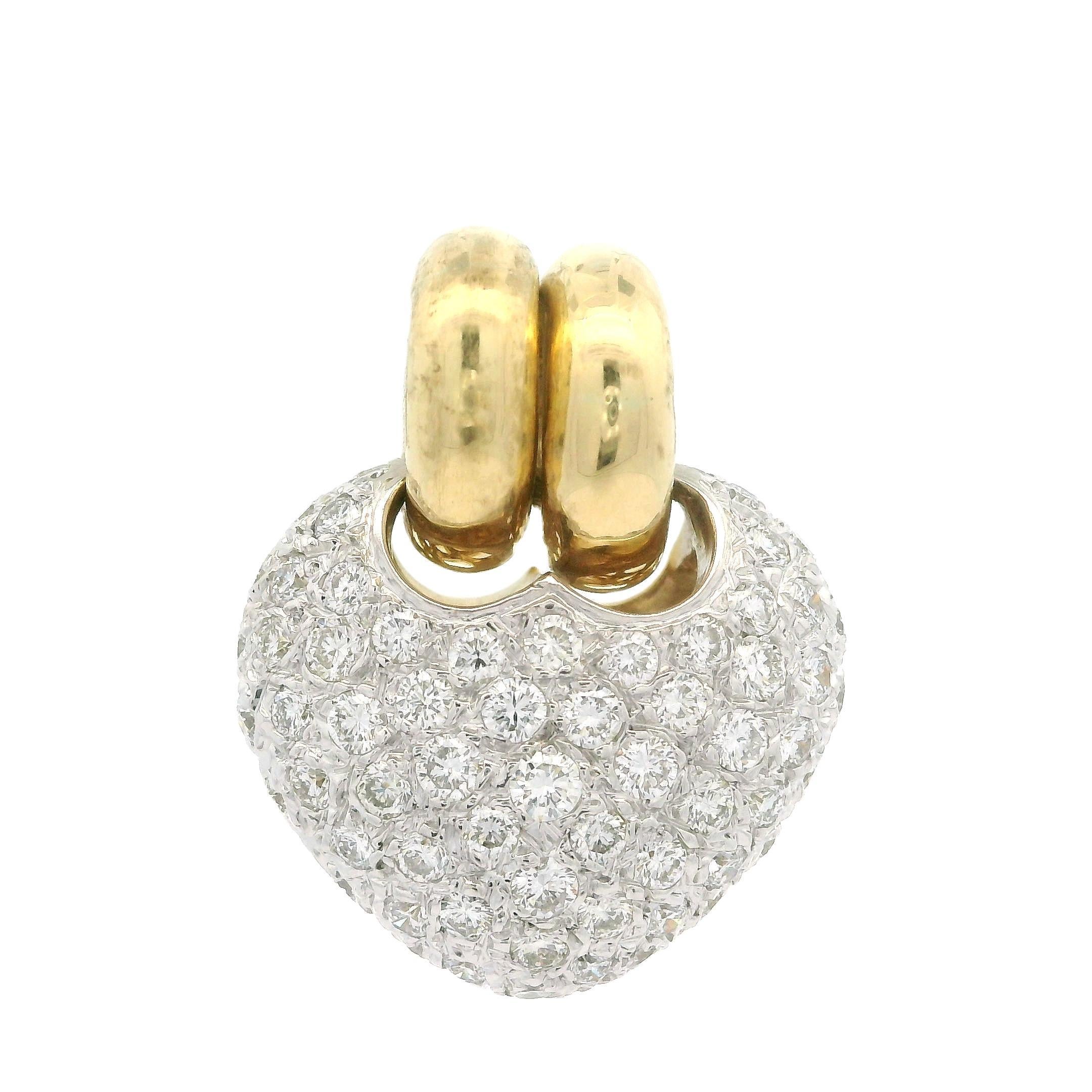 Pendentif Slide en or jaune et blanc 18k 1.20ct Pave Diamond Puffed Dual Bail Heart Bon état - En vente à Montclair, NJ